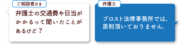 プロスト法律事務所では、交通費や日当は原則いただいておりません。